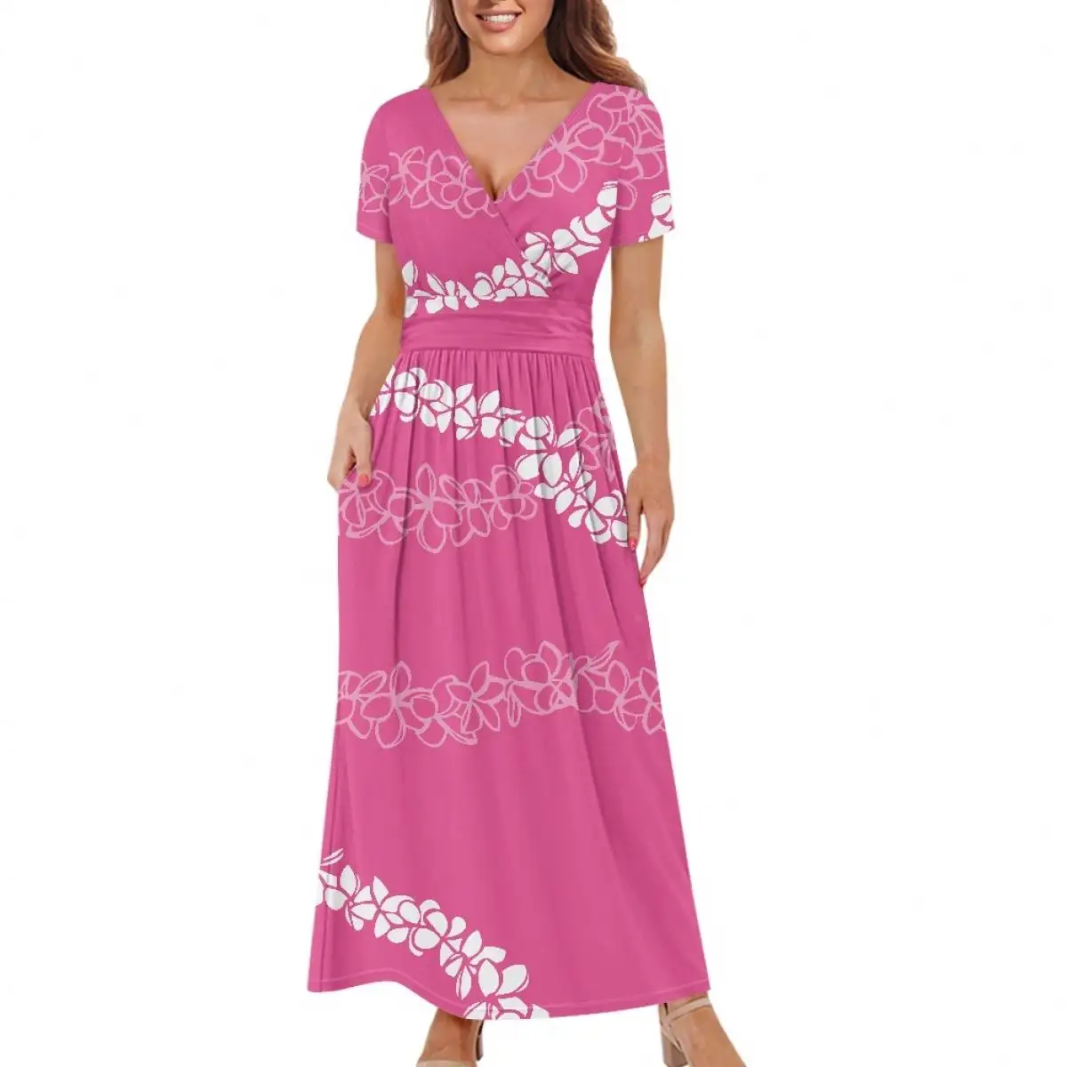 Puakenikeni ساموان هاواي فستان برقبة على شكل حرف V مزهر شركة مصنعة احترافية أزياء نسائية ملابس للحفلات والتسامي فستان سهرة
