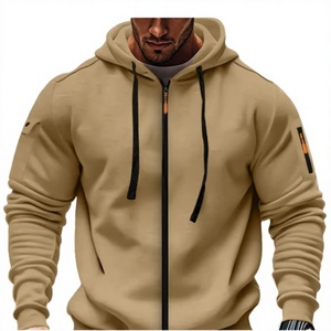 Sweat à capuche zippé intégral pour homme, kaki premium, personnalisé, avec cordons de serrage noirs, poignets côtelés, manches longues, style streetwear décontracté, vente en gros - Product Image 3