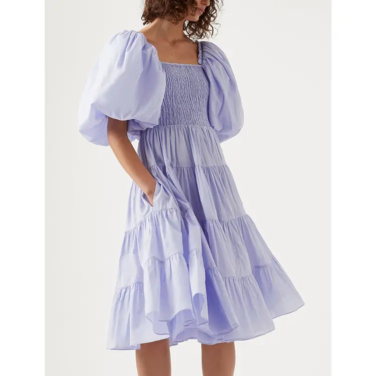 Personalizzazione abiti da donna in lino di cotone Holiday Balloon Sleeve Ruffles Midi Smocking Summer Casual Dress For Lady