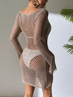 Robe mini en maille ajourée à col rond et manches longues pour femme, idéale pour l'été, avec décorations coquillages, parfaite comme cache-maillot de plage (personnalisable)