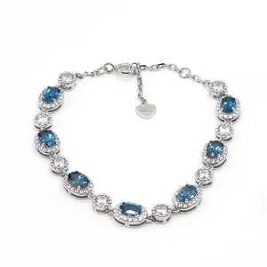 Luxury Minimalist Blue Gemstone Bracelets 925 Silver Jewelry Natural Topaz Blue Crystal Bracelets For Women