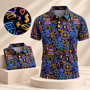 Polo de golf à manches courtes avec imprimé néon Casino, motif intégral par sublimation, personnalisable avec logo, fabricant de vêtements. - Product Image 2