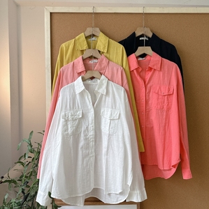 L597 <b>Women's</b> Oversized Linen Shirt with Two Stylish Patch Pockets <b>Long</b> Sleeve Turn Down Collar Patch Pocket Casual <b>Blouse</b> - Product Image 1