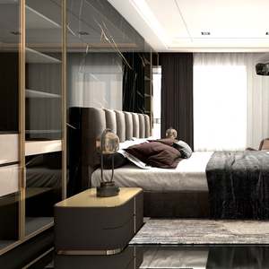 Ensemble de chambre à coucher moderne de luxe Santopova : Armoire et lit capitonné avec finitions dorées - Product Image 2