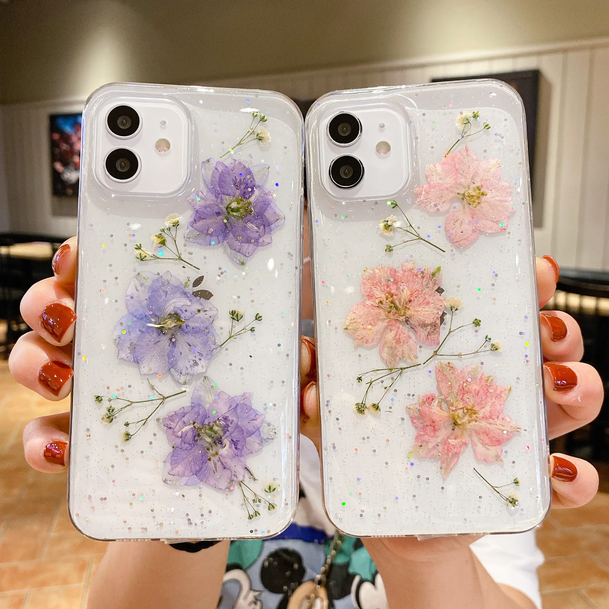 Compatible with iPhone 12 13 real flower phone case Frosted 3D Floral Girls Woman TPU Phone Case purple/pink