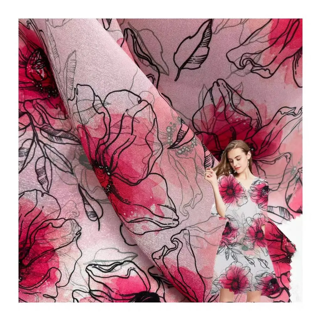 Fashion Shiny 100% Polyester Digital Floral Printing sutra sifon kain Lurex untuk gaun