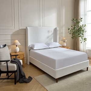 54" Tall Modern Hotel Upholstered Bed Frame Rice White Chenille Queen Wingback Headboard Solid Wood Legs Metal Frame Support - Product Image 3