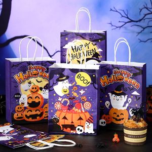 HAWIN 48個入り 子供用ハロウィンパーティー記念品バッグ ゴースト パンプキン ギフト グッディバッグ クラフト紙ハンドル付き キュートなブー バット トリート キャンディポーチ - Product Image 2