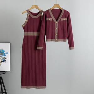 Conjunto de Suéter Tejido para Mujer, Vestido Azul con Cuello en V y Cárdigan de Manga Larga, Atuendo de Moda Otoñal - Product Image 5