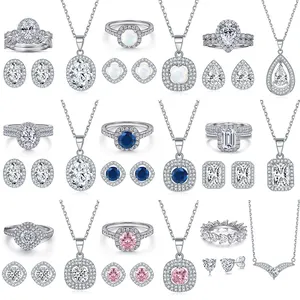 Set Perhiasan Trendi Perhiasan Halus Halo Grosir Berlian S925 Set Perhiasan Pernikahan Perak Murni