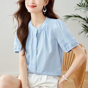 Chemisier en dentelle à col rond et manches courtes, Nouvelle collection été 2026, Style doux et chic - Product Image 1