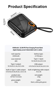 Portable Mini PowerBank Built in <b>Cables</b> Dual 20W PD <b>Type</b>-<b>C</b> Fast <b>Charger</b> for Phone 10000mAh Digital Display - Product Image 5