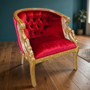 Sillones de terciopelo rojo estilo Luis XV con capitoné y estructura de madera para sala de estar - Product Image 3