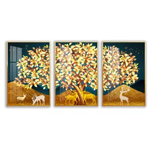 Triptych golden tree and deer at night painting animal still life wall art for home decor picture print canvas and poster Nordic