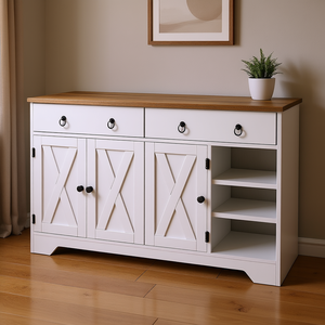 Buffet de cuisine blanc avec 2 tiroirs, portes coulissantes et étagères réglables pour salon - Product Image 2