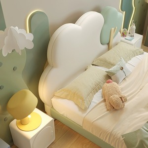 <span class=keywords><strong>Letto</strong></span> Singolo per Bambini in Legno Massello con Design a Nuvola, Adorabile Mobile per la Camera da <span class=keywords><strong>Letto</strong></span> con Struttura e Schienale Rivestiti in Pelle - Product Image 4