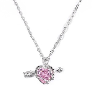 Collana Trendy <span class=keywords><strong>con</strong></span> Ciondolo a <span class=keywords><strong>Cuore</strong></span> di Cupido in Rame e Zircone Rosa Dolce, <span class=keywords><strong>con</strong></span> Catena a Maglie e Un'Arcoide - Product Image 4
