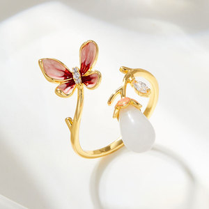 Butterfly Open Ring With Enamel And White Jade Adjustable Index Finger Jewelry Gift - Product Image 4