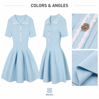 Robe en tricot côtelé bleu clair pour femme, col polo, manches courtes, mini, commande personnalisée OEM