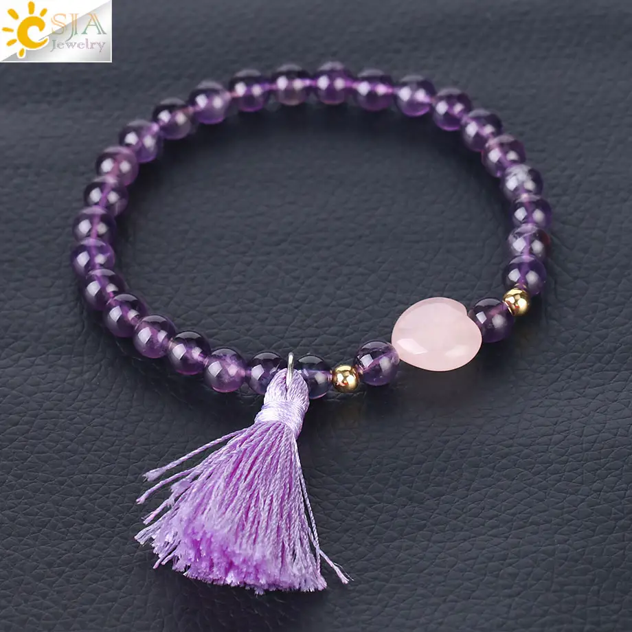 CSJA hot bohemian style jewelry natural 6mm rose quartz stone bead tassel charm bangle women bracelet wholesale F339