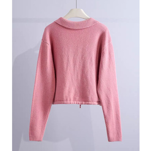 Cardigan rose à col polo pour femme Zhan Ya, tricoté à manches longues, coupe ajustée, simple boutonnage, anti-boulochage - Product Image 2