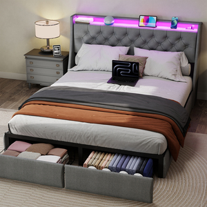 <strong>Queen</strong> <strong>Size</strong> <strong>Bed</strong> <strong>Frame</strong> with Storage Headboard RGB LED Lights &amp; USB Charging Station-Grey - Product Image 2