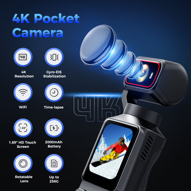 Pocket Action Camera 4K 30fps 1.69 Inch HD Touch Screen Gyro-EIS Stabilization Rotatable Lens, 2000mAh Battery Vlogging Camera