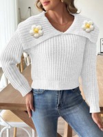 Sweater rajut leher O wanita, Sweater rajut lengan panjang kerah turndown musim dingin untuk perempuan