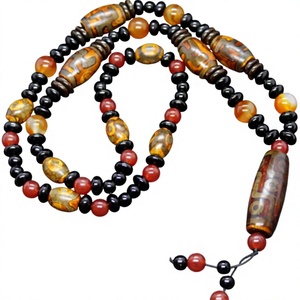 Collier de perles Dzi en agate, style tibétain vintage, forme libre, traité thermiquement, géométrique, unisexe, bijou d'art de collection - Product Image 3