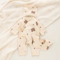 Ensemble de vêtements pour nouveau-né printemps-automne : barboteuse imprimée à manches longues en coton pour bébé garçon et fille, avec chapeau et bavoir anti-bave