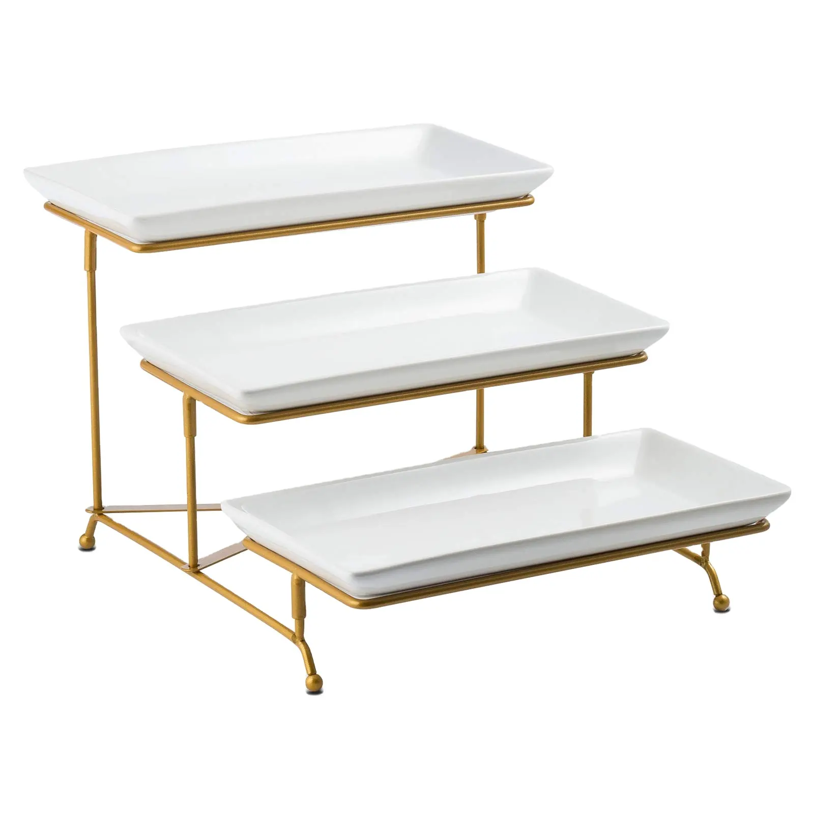 Hot Sale Ceramic 3 Tier Serving Stand with Porcelain Serving Platter Tier Trays with Collapsible Sturdier Rack Gold white plate