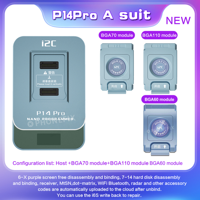 I2C P14 PRO BGA110/BGA70 BGA60 PCIE NAND Programmer for iPhone 4-13 Promax Hard Disk DFU Read Write Unpack WiFi Non-Remova