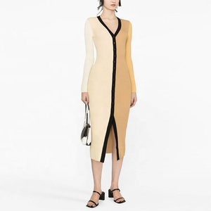 Produttore di maglieria personalizzata con scollo a v colore costola elegante maglione lungo Casual abiti da donna <span class=keywords><strong>in</strong></span> <span class=keywords><strong>maglia</strong></span> abiti da donna - Product Image 1