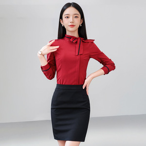 Black Pencil Dress With Red Trim Bow Neckline Long Sleeve Professional Career Dress For Women - Product Image 2