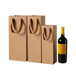 Custom high quality liquor long kraft art paper gift bags with handle for packaging wine bottles flower