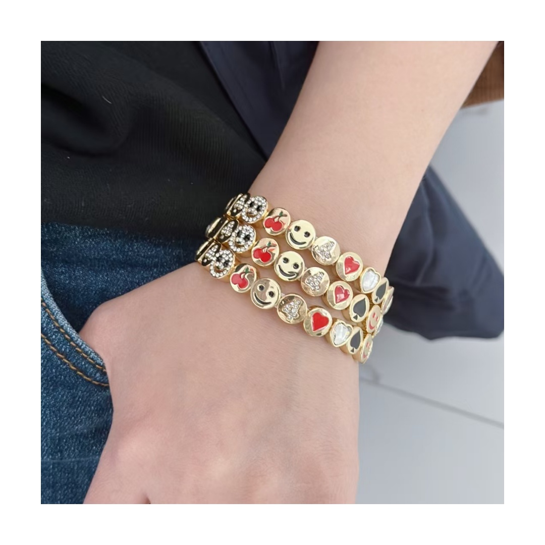Popular Smile Face Love Heart Poker Suit Beaded Bracelet Dice Number Spades Hearts Clubs Pattern Rhinestone Fashionable Bangles