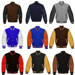 Venda quente Personalizar Casual Alta Qualidade Stretch Lã Varsity Braços De Couro Jaqueta Botão Sólido Letterman Bomber Jacket