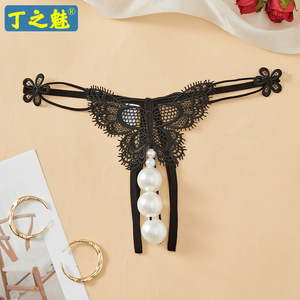 กางเกงในผู้หญิงไซส์ใหญ่แบบ Thong สีดำ แต่งลูกไม้ประดับมุก ดีไซน์เป้าเปิด ผ้าตาข่าย - Product Image 4