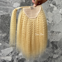 VMAE Extensions de queue de cheval en cheveux humains, blond européen naturel 613, bouclées birmanes, lisses crépus, à enrouler avec cordon de serrage