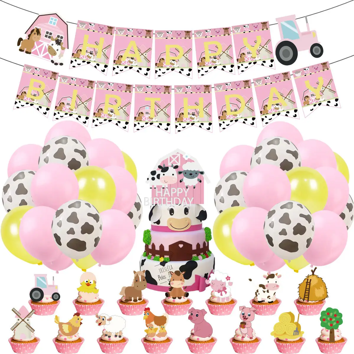 Farm Animal Theme Kinder Mädchen Geburtstags feier Cartoon Kuh Papier Banner Ballon Cake Topper Umwelt freundliche Dekoration Set