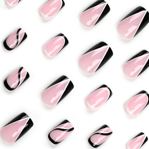 Ms.Miemie 24 <span class=keywords><strong>Uñas</strong></span> Postizas Reutilizables de ABS, Diseño de Ataúd Largo con Línea Blanca <span class=keywords><strong>y</strong></span> Negra, Punta de Uña Falsa para Dedos, <span class=keywords><strong>Uñas</strong></span> al por Mayor - Product Image 3