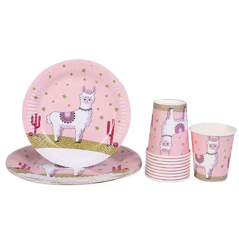 En çok satan hayvan temalı doğum günü partisi malzemeleri piknik kağıt tabak ve bardak tek kullanımlık taşınabilir çatal bıçak takımı