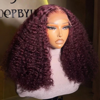 Perruque sans colle pré-plumée avec nœuds décolorés, coupe courte bob Jerry Curly, couleur rouge bordeaux 99J, perruque frontale complète HD 13x4 en dentelle
