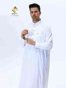 Al Haramain <b>Men's</b> White Cotton <b>Thobe</b> Shirt Collar Long Sleeve Floor Length Modest Prayer Robe Solid Color Regular Fit - Product Image 3
