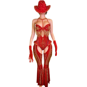 بدلة نسائية مكونة من قطعة واحدة وبنطلون مزينة بشرّابات وأحجار الراين الحمراء، زي راقصة استعراضية أو راعية بقر، ملابس مناسبة للمهرجانات والكرنفالات وحفلات الريف - Product Image 1