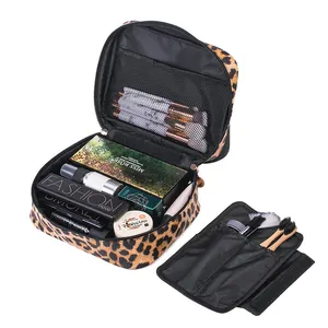 Bolsa de cosméticos de couro grande de pu, armazenamento de leopardo para maquiagem de higiene pessoal, bolsa para cosméticos, estojo de maquiagem com alça de leopardo