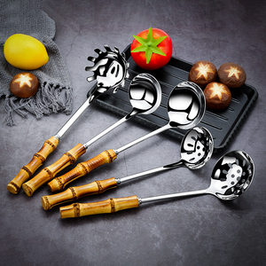 Thép không gỉ nâu vàng súp Muỗng thiết lập với tre xử lý đồ dùng nhà bếp cho nhà hàng sử dụng muỗng - Product Image 1