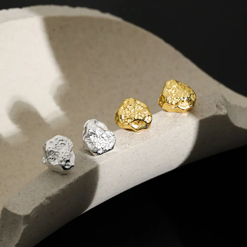 Perak Murni 925 Anting Giwang Tidak Beraturan Geometris Bumper Lava Baru Tiba Perhiasan Berlapis Emas 18K untuk Wanita Arete