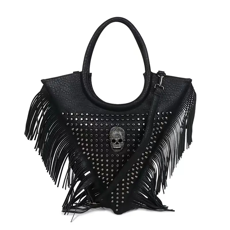 Mode PU Leder Ghost Head Bag Schwarz Persönlichkeit Quaste Umhängetasche Dreieckige Niet tasche Street Style Schädel Handtasche