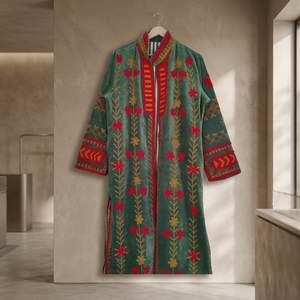 Wholesale Indian Handmade Suzani Embroidered Green Velvet Kimono Jacket Long Duster <b>Coat</b> Vintage Red Floral Vine Motif <b>Women</b> - Product Image 5